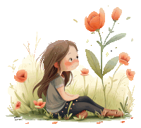 a girl is sitting in the grass looking at flowers