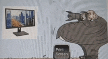 a cartoon of a man taking a picture next to a print screen