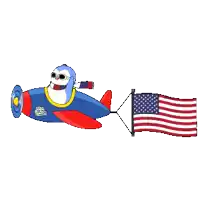 a penguin is flying a plane with an american flag attached