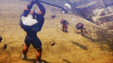 a video game scene with a monster holding a large axe