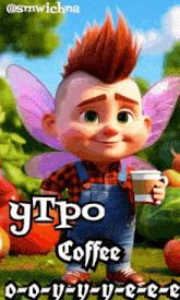 a boy with fairy wings holding a cup of coffee
