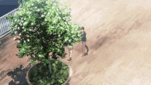 a boy and a girl are standing in front of a tree
