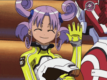a girl with purple hair is wearing a helmet with the letters ea on it