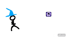a stick figure is wearing a blue hat and holding a purple square