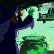 a cartoon of a willful wizard stirring a pot