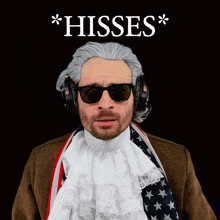 a man wearing a wig and sunglasses is standing in front of a sign that says " hisses "