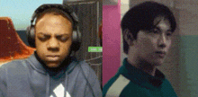 a man wearing headphones and a man wearing a green shirt are sitting next to each other .