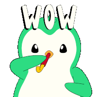 a green and white penguin is blowing a whistle and the word wow is written above it