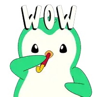 a green and white penguin is blowing a whistle and the word wow is written above it