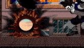 a pixel art drawing of a man standing in front of a building with a sign that says ' kiss ' on it