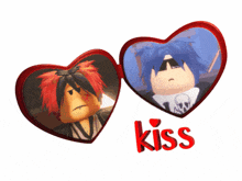 a picture of two hearts with the word kiss in red