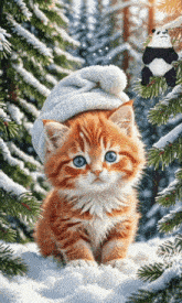 an orange and white kitten wearing a white hat is sitting in the snow