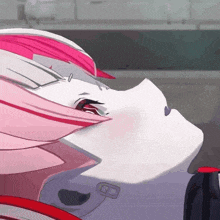 a close up of a pink and white anime character