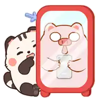 a panda and a pig are looking at their reflection in a mirror .
