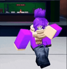 a person in a purple outfit is standing in front of a restaurant .