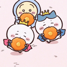 three cartoon characters are eating donuts and one has a crown on his head