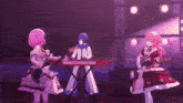 a group of anime girls are playing guitars and keyboards on stage