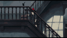 a black cat sits on the railing of a staircase while a girl looks down