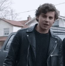 a young man wearing a black leather jacket and a black sweater is standing next to a car .