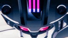 a close up of a robot 's face with pink eyes