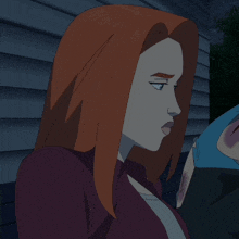 a woman with red hair is standing in front of a house