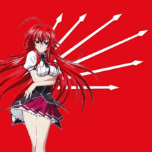 a girl with red hair is standing on a red background