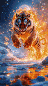a tiger is jumping through the air with flames coming out of its paws .