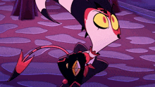 a cartoon character with a red tail is standing on a purple surface