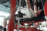a man is laying on a bench in a gym while lifting a barbell .