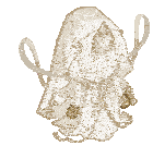 a cartoon character is wearing a white veil and holding a bow .