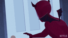 a devil with horns and wings is standing in front of a door that says netflix on the bottom