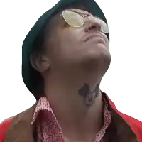 a man with a mickey mouse tattoo on his neck is wearing sunglasses