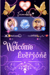 a purple background with the words welcome everyone and friendship