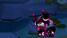 a cartoon character with horns and a sword is standing in the dark .