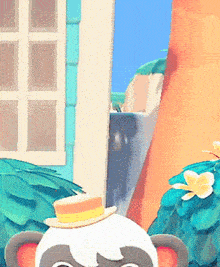 a panda bear wearing a hat is standing in front of a house