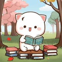 a cute cartoon cat is reading a book while sitting on a pile of books .