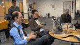 a raccoon sits on a table with a group of men in an office