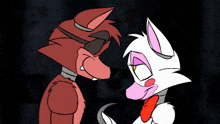 a cartoon of foxy and mangle looking at each other in the dark