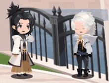 two cartoon characters are standing next to each other in front of a gate