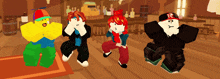 a group of roblox characters standing in a room with one wearing a red hat with the letter r on it