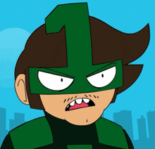 a cartoon character is wearing a green mask with a number one on it