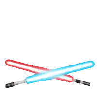 a red and blue circle with a light saber in the middle