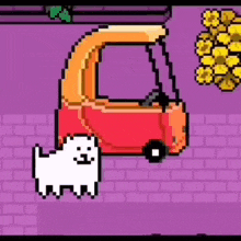 a dog is standing next to a red car in a pixel art video game .