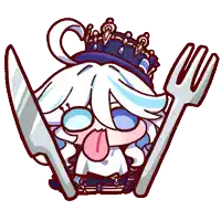 a cartoon of a girl with a crown on her head holding a fork and knife