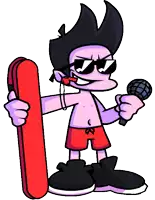 a cartoon character is holding a microphone and a skateboard
