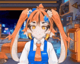 a cartoon character with orange hair and a blue apron with the letter p on it 's chest