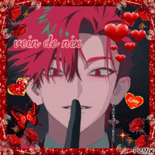 a picture of a man with red hair is surrounded by red hearts and roses