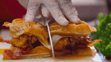 Cutting Waffle Burger Fresh Fried Crispy GIF