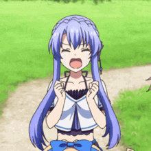 a girl with blue hair and a blue bow on her top
