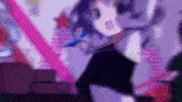 a blurry picture of a girl dancing in a room with a pink and purple background .